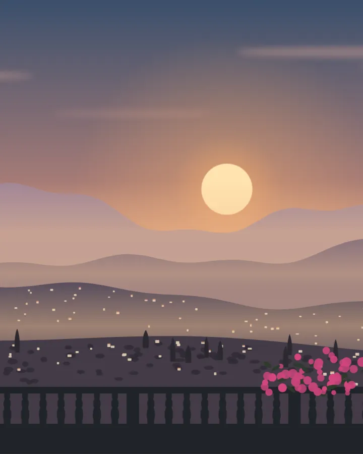 Drawing of the hills above Sarandë, golden hour